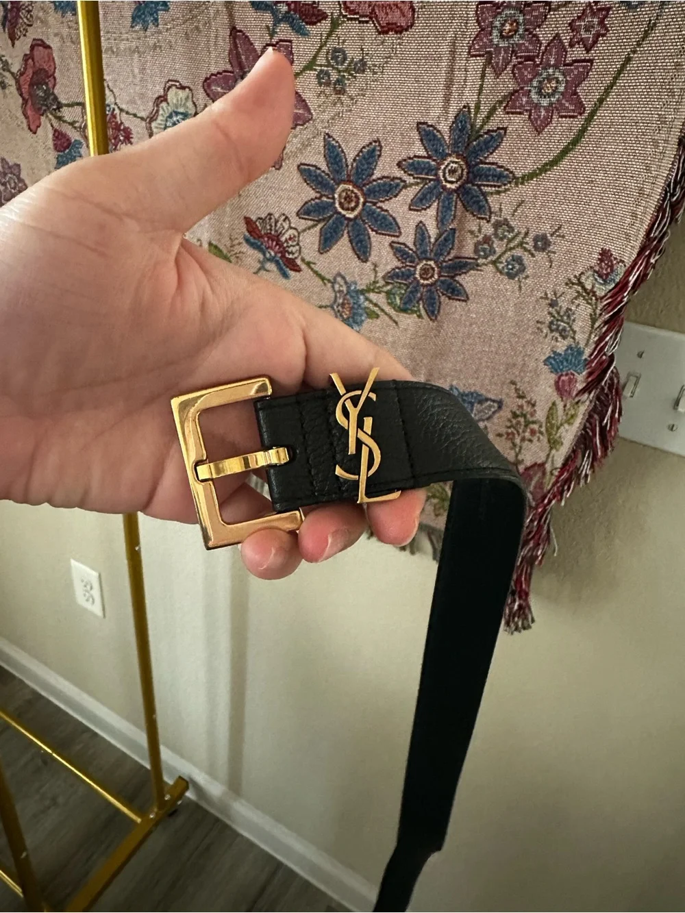 Saint Laurent Black Leather Belt with Gold YSL Buckle